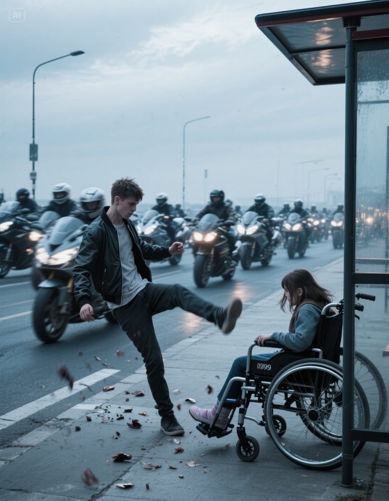 The Bullied Disabled Girl Was Kicked to the Ground at a Bus Stop. Moments Later, the Thunder of 99 Motorcycles Filled the Street as an Entire Club Called the ‘Guardians of Justice’ Showed Up to Deliver Instant Vengeance and Moral Reckoning.