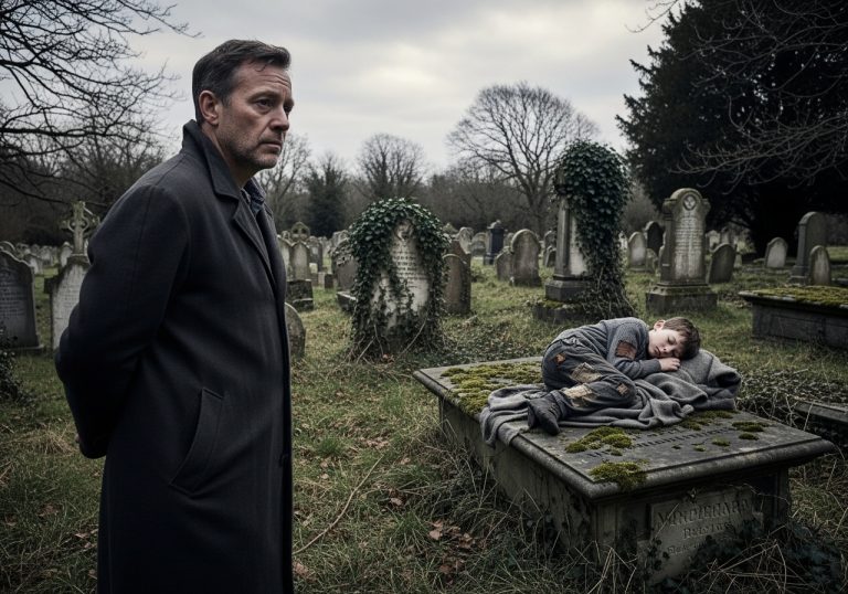 I walked through the heavy fog of an old Savannah cemetery to visit the grave of the son I buried ten years ago, expecting nothing but the crushing weight of silence and cold stone, but when a barefoot boy emerged from the mist holding the exact same white lilies I held in my trembling hands, I froze in terror and hope because he wasn’t a stranger—he was the impossibility that shattered my reality, brought me to my knees in the wet grass, and whispered the three words that finally broke the curse of my grief.